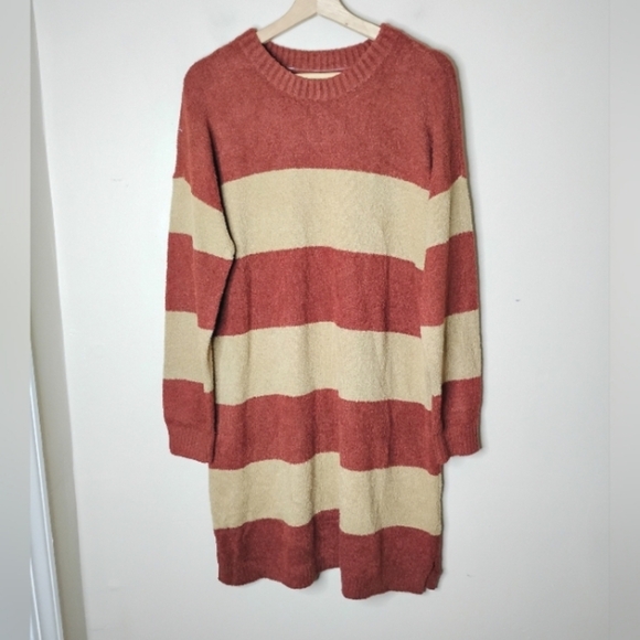 Lands’ End Striped Sweater Dress L Red Beige Cozy Knit Preppy Fall Winter Outfit - Picture 3 of 7